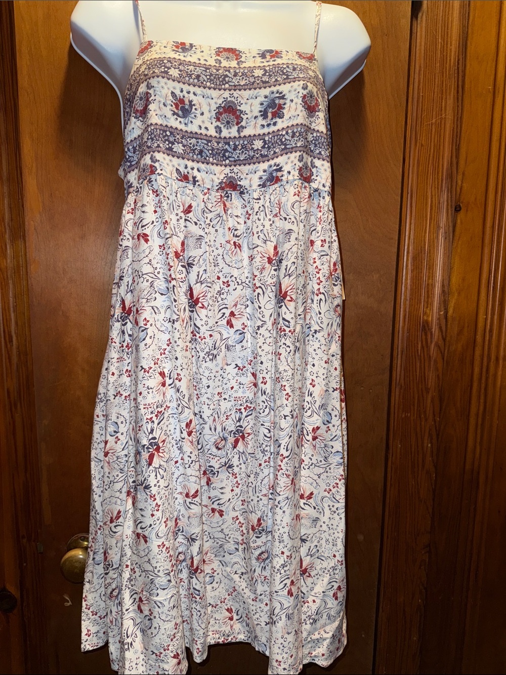 Boho Floral Spaghetti Strap Midi Dress - White, Red & Blue